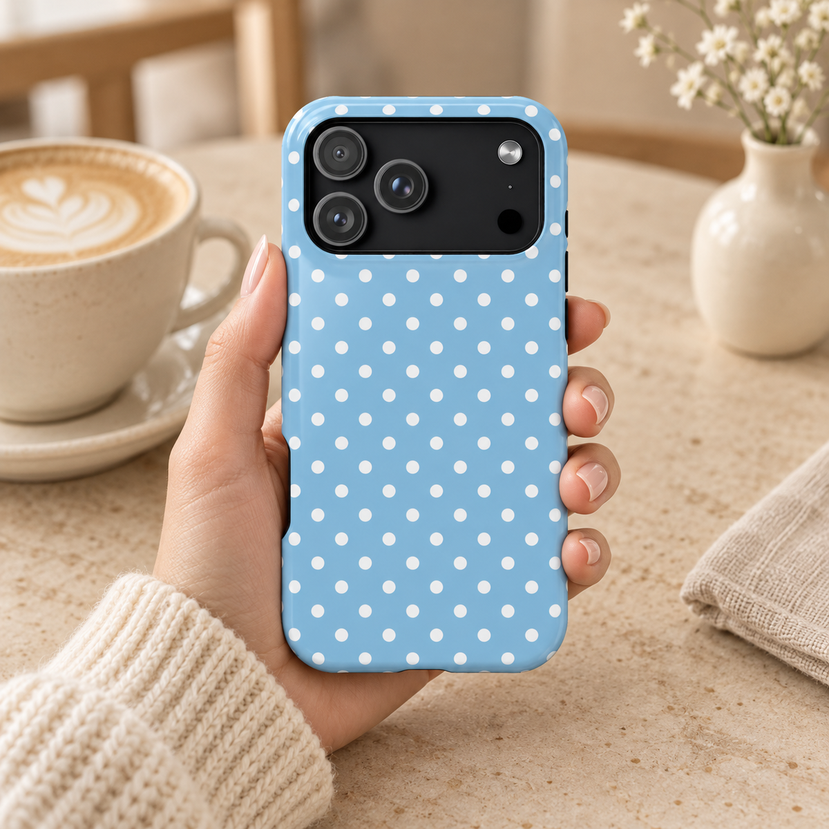 Baby Blue Polka Dot MagSafe case, white polka dots on baby blue, lifestyle photo in hand with coffee