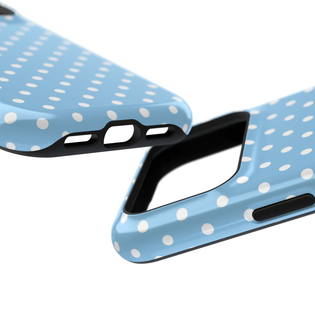 Baby Blue Polka Dot MagSafe case, close-up at an angle