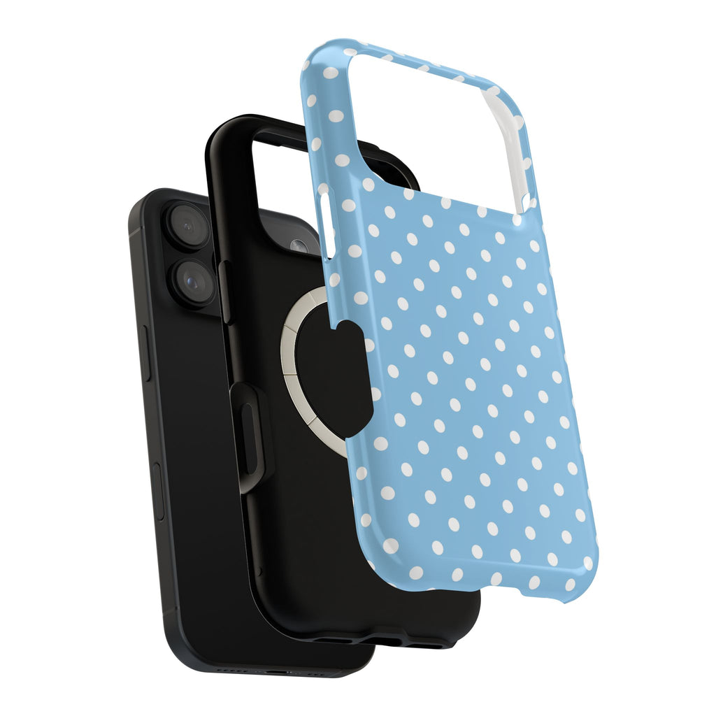Baby Blue Polka Dot MagSafe case, close-up of the dual-layer construction