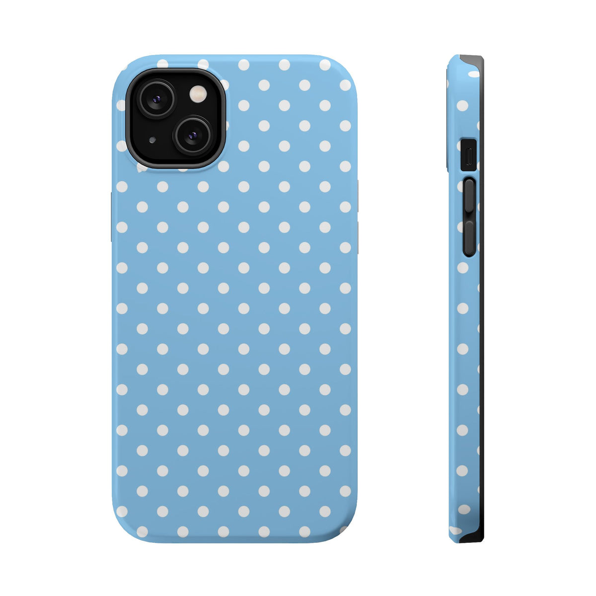 Baby Blue Polka Dot MagSafe case for iPhone 14 Plus, glossy finish