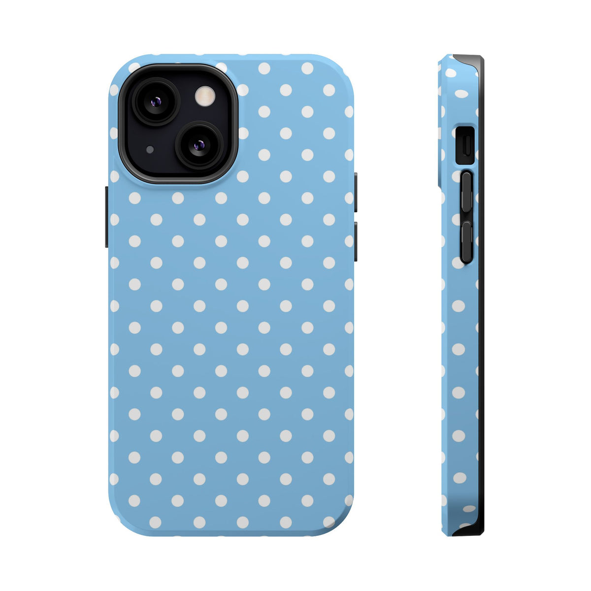Baby Blue Polka Dot MagSafe case for iPhone 13 Mini, glossy finish