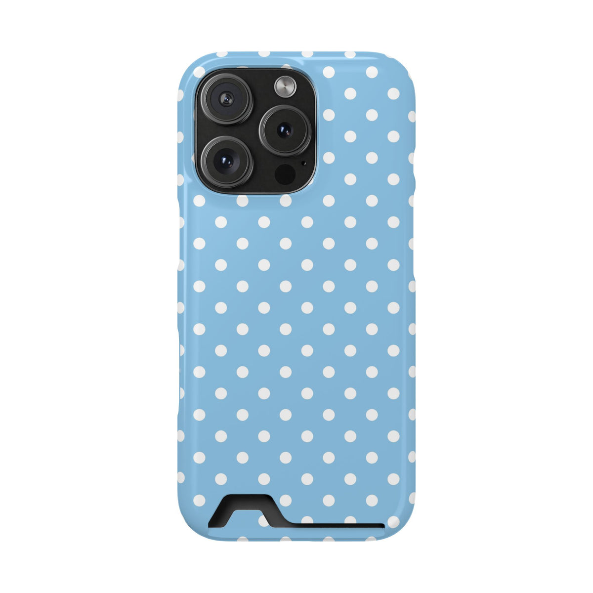 Baby Blue Polka Dot phone case with card holder for iPhone 16 Pro, glossy finish