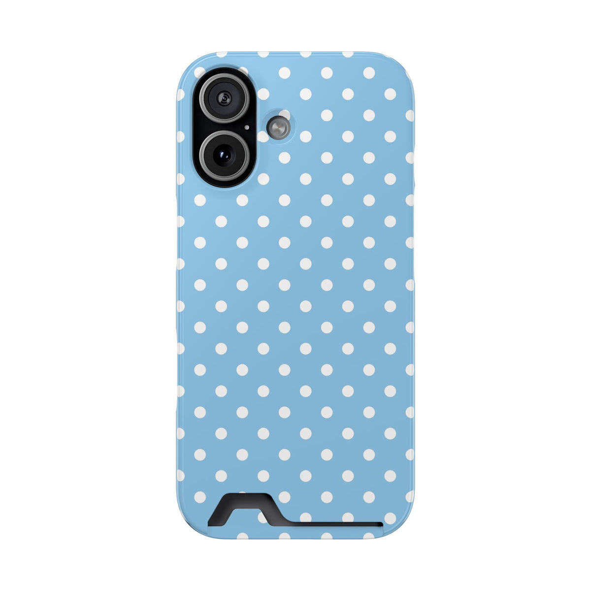 Baby Blue Polka Dot phone case with card holder for iPhone 17, glossy finish