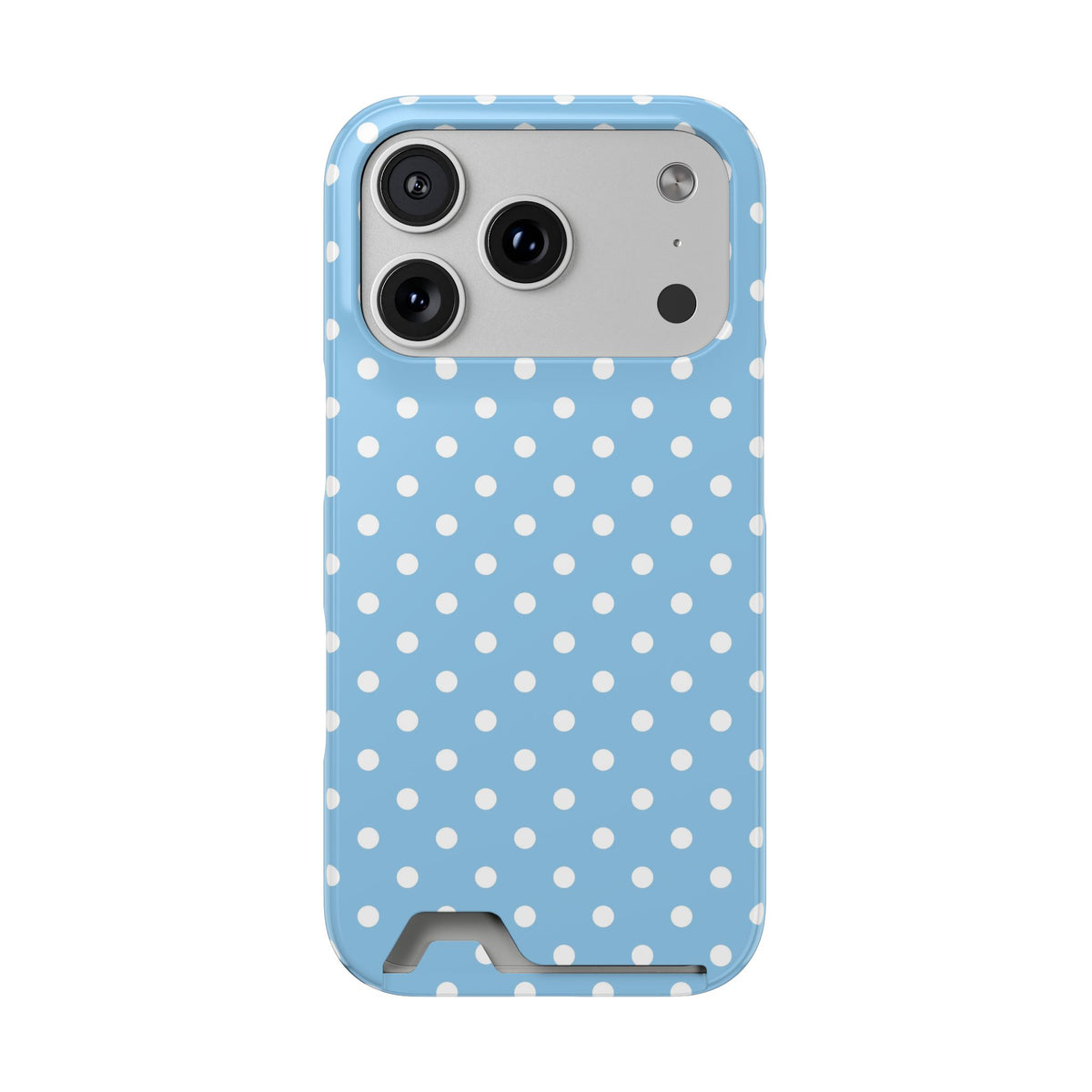 Baby Blue Polka Dot phone case with card holder for iPhone 17 Pro, glossy finish