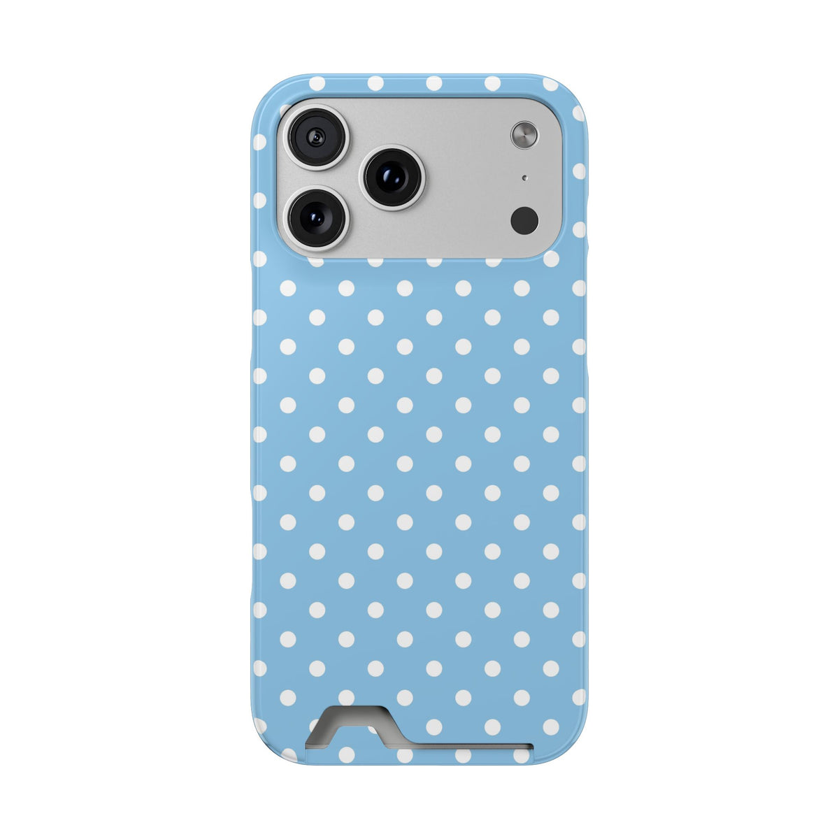Baby Blue Polka Dot phone case with card holder for iPhone 17 Pro Max, glossy finish