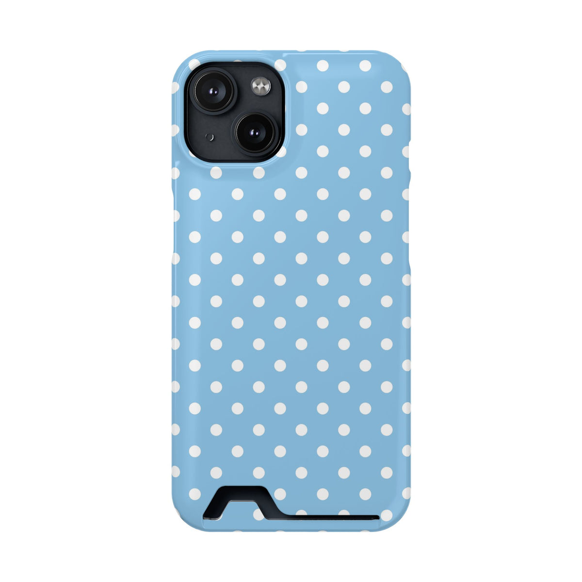 Baby Blue Polka Dot phone case with card holder for iPhone 14, glossy finish