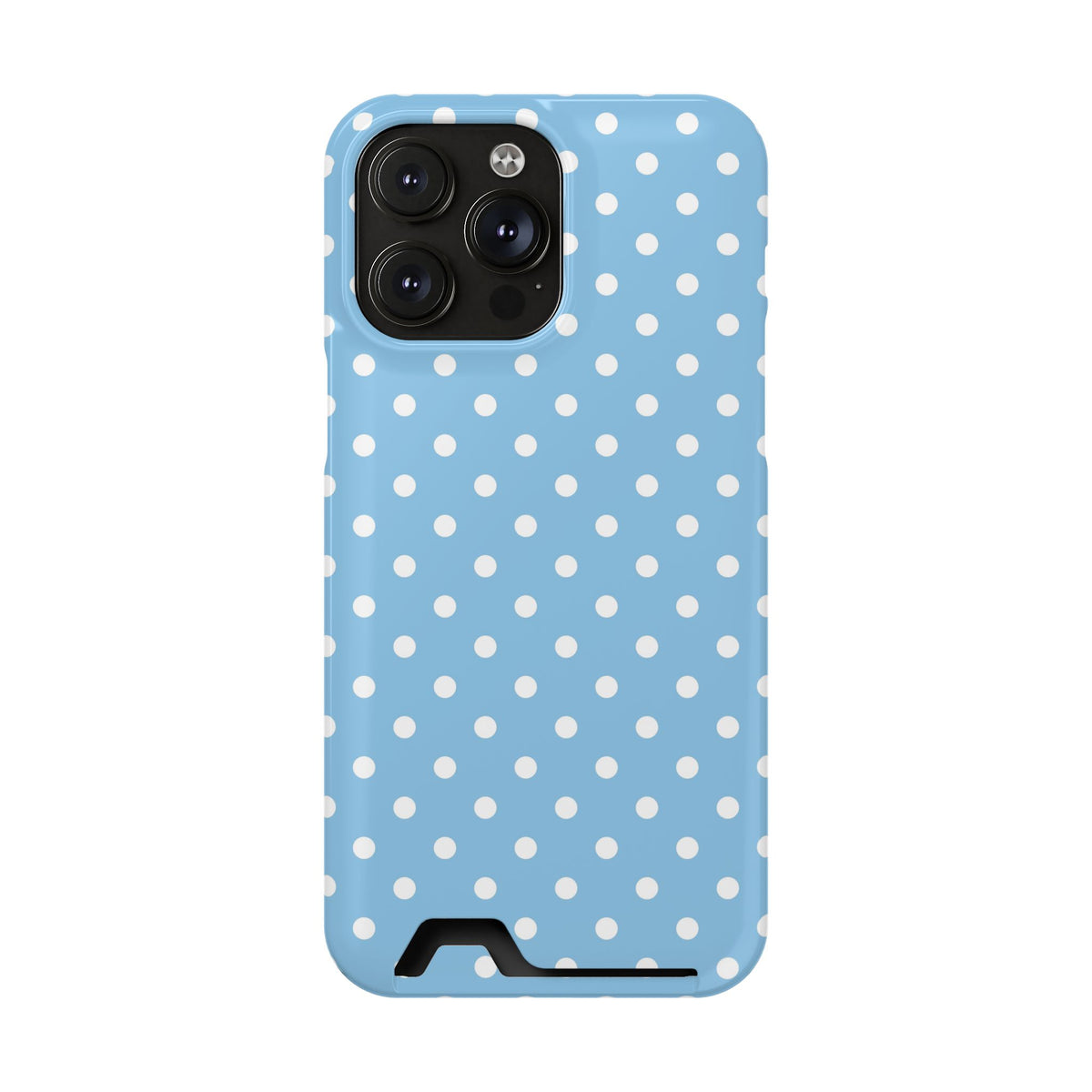 Baby Blue Polka Dot phone case with card holder for iPhone 14 Pro Max, glossy finish