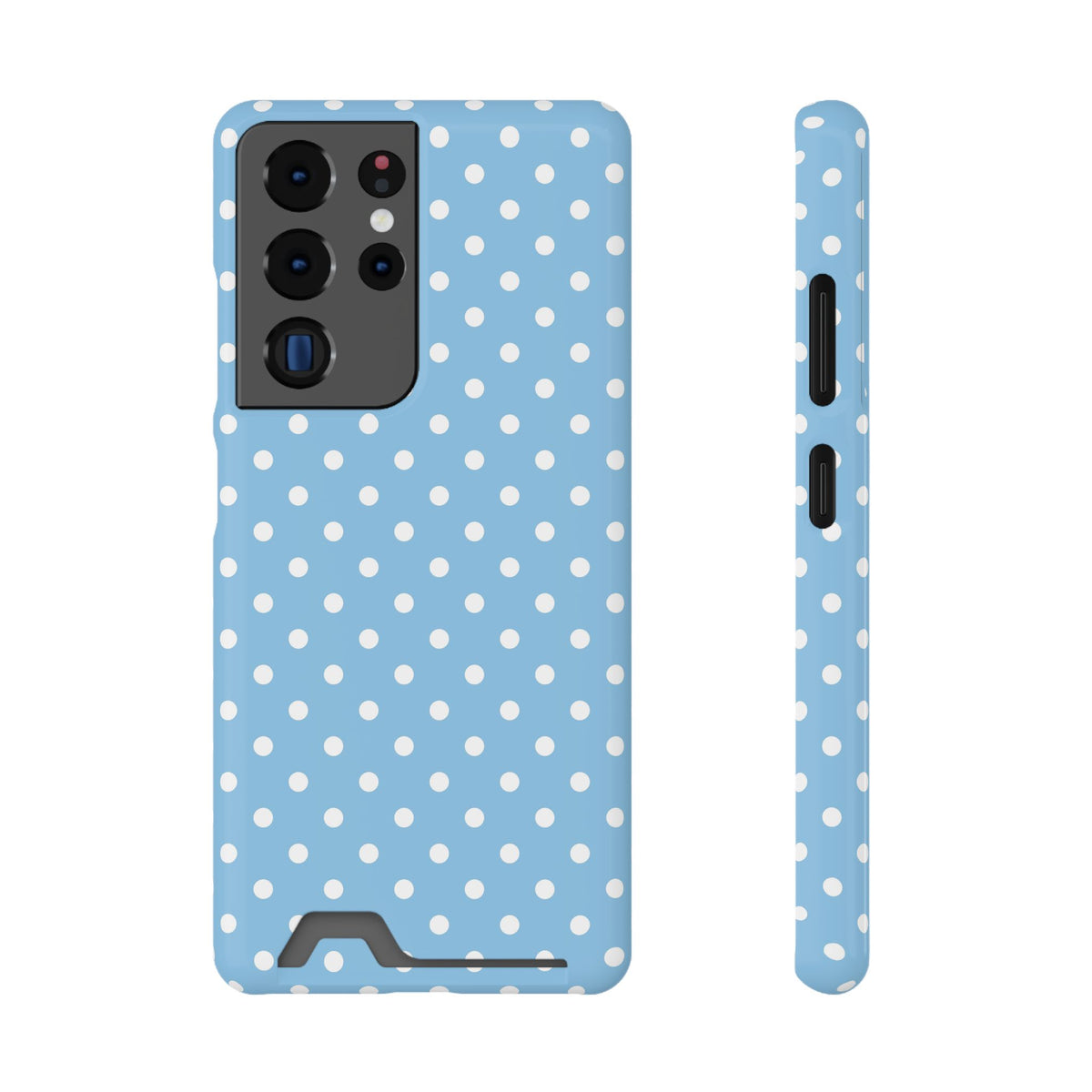 Baby Blue Polka Dot phone case with card holder for Samsung Galaxy S22 Plus, glossy finish