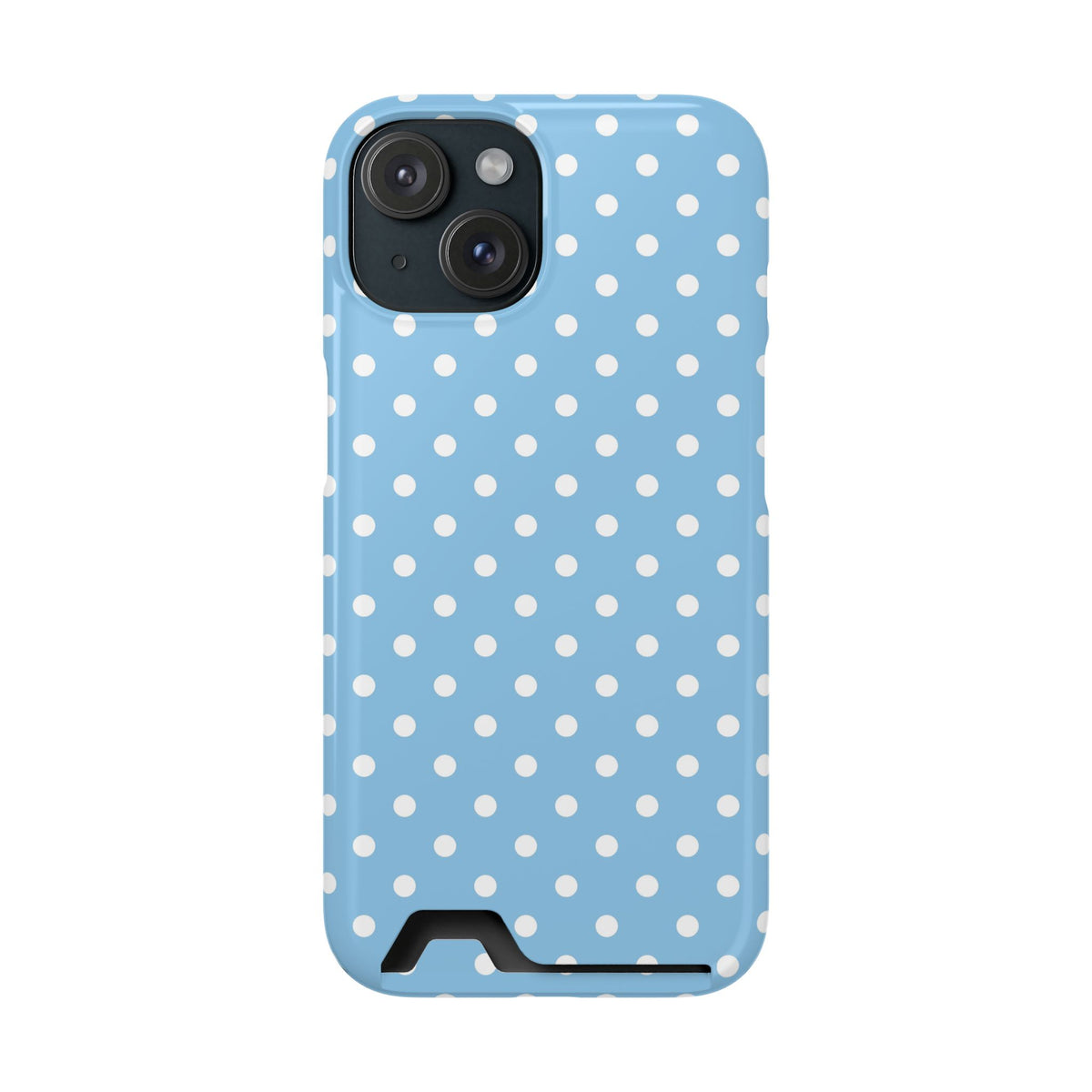 Baby Blue Polka Dot phone case with card holder for iPhone 15, glossy finish