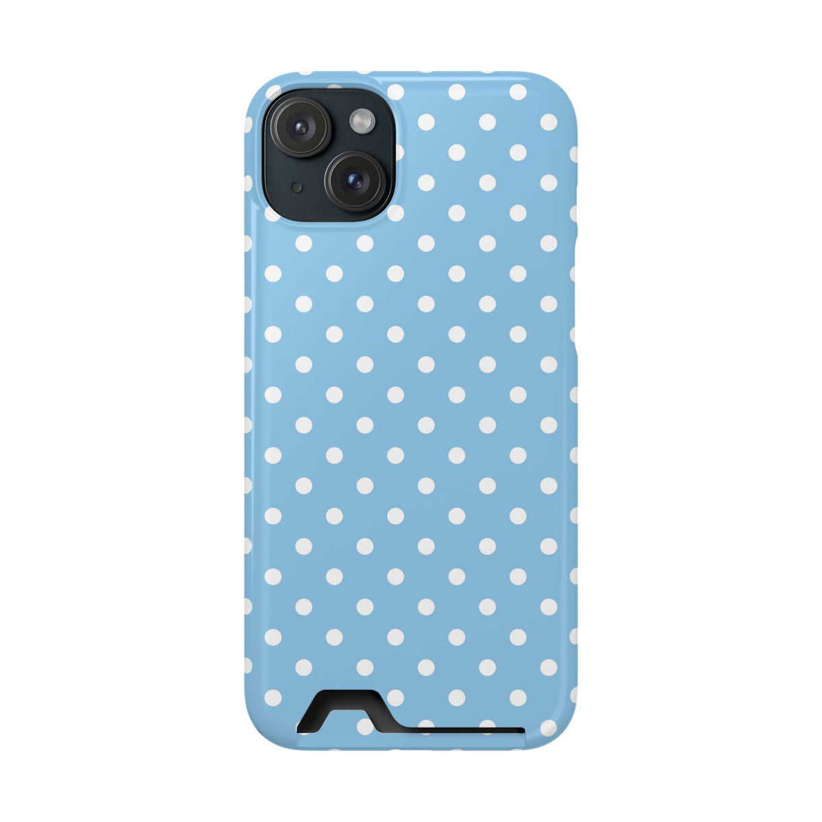 Baby Blue Polka Dot phone case with card holder for iPhone 15 Plus, glossy finish