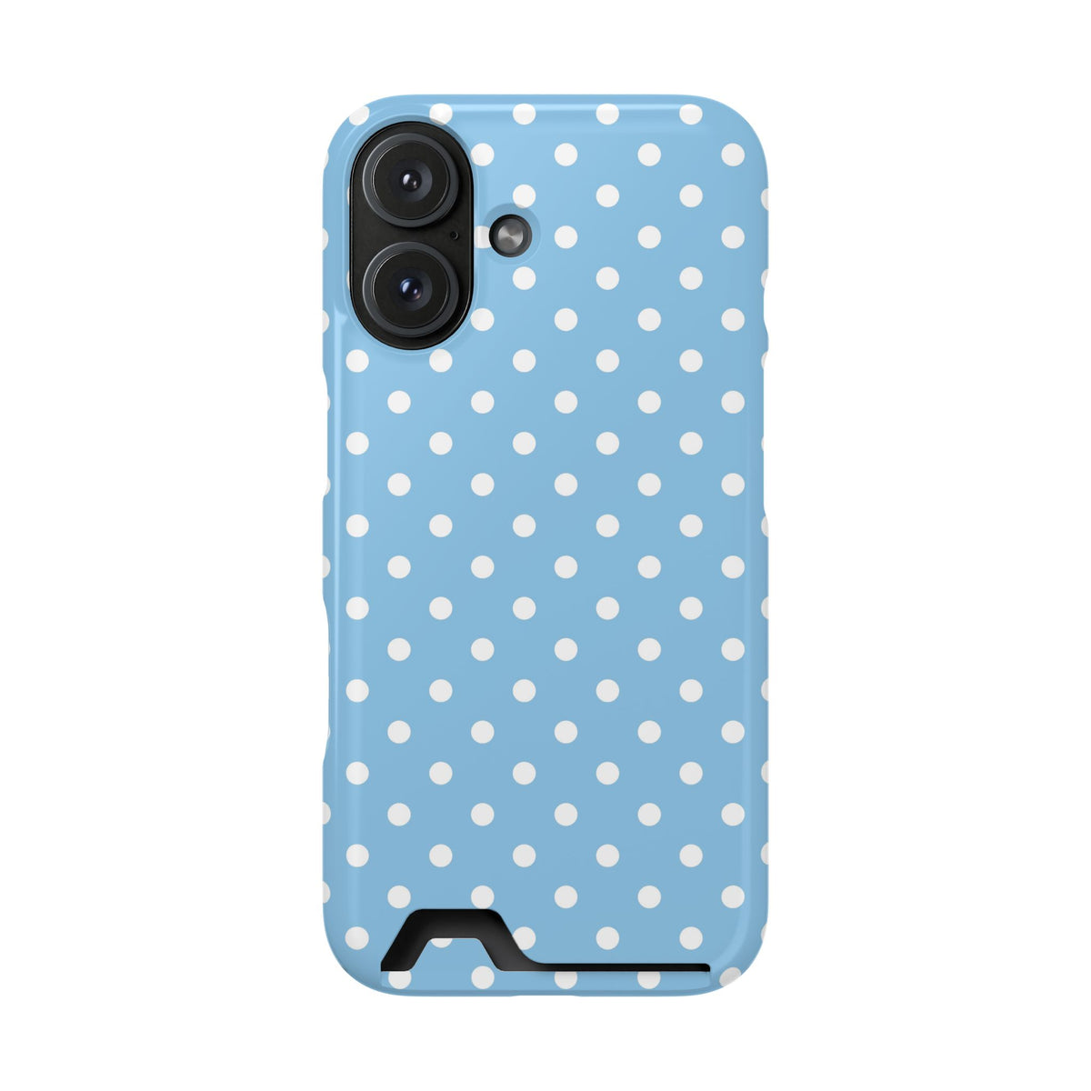 Baby Blue Polka Dot phone case with card holder for iPhone 16, glossy finish