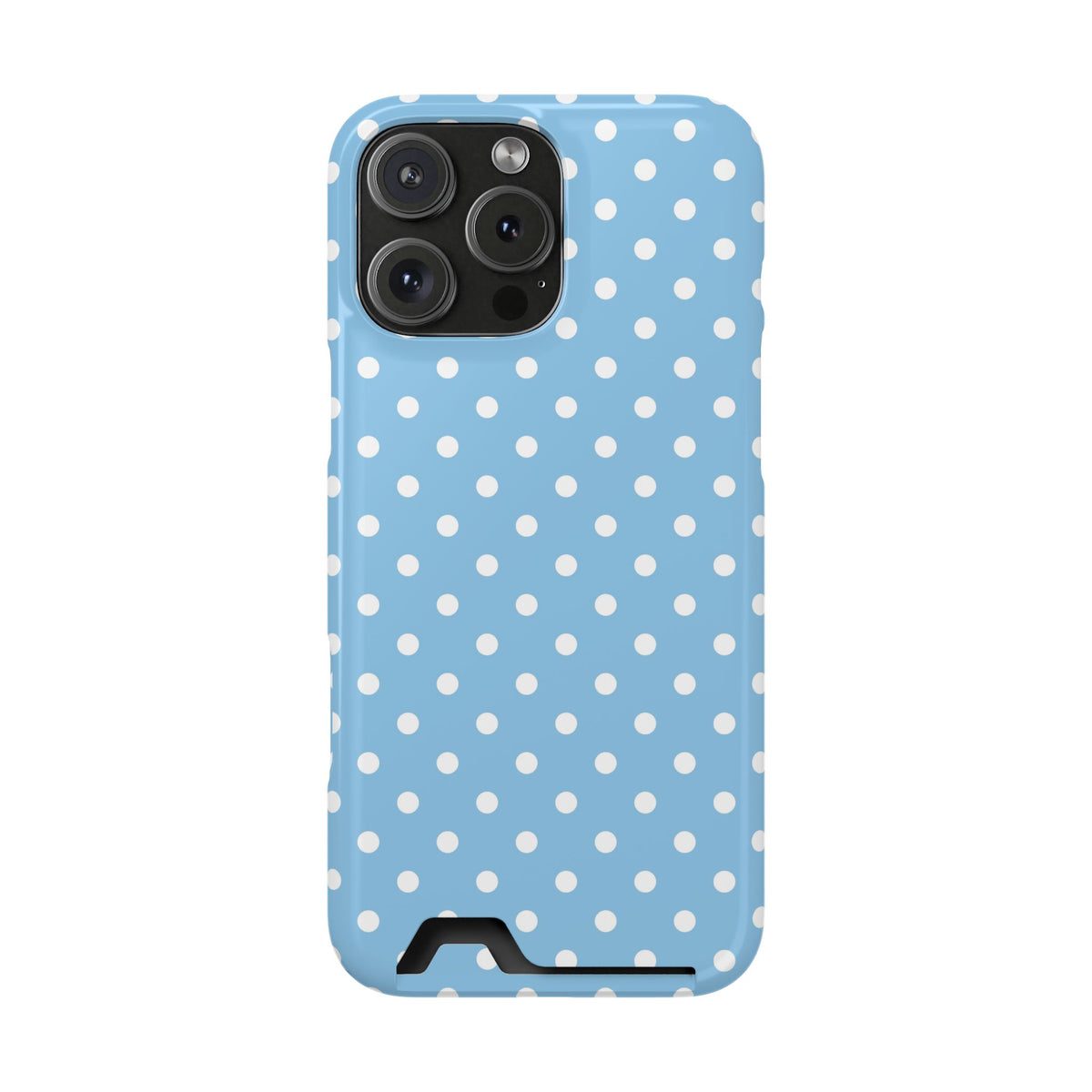 Baby Blue Polka Dot phone case with card holder for iPhone 16 Pro Max, glossy finish