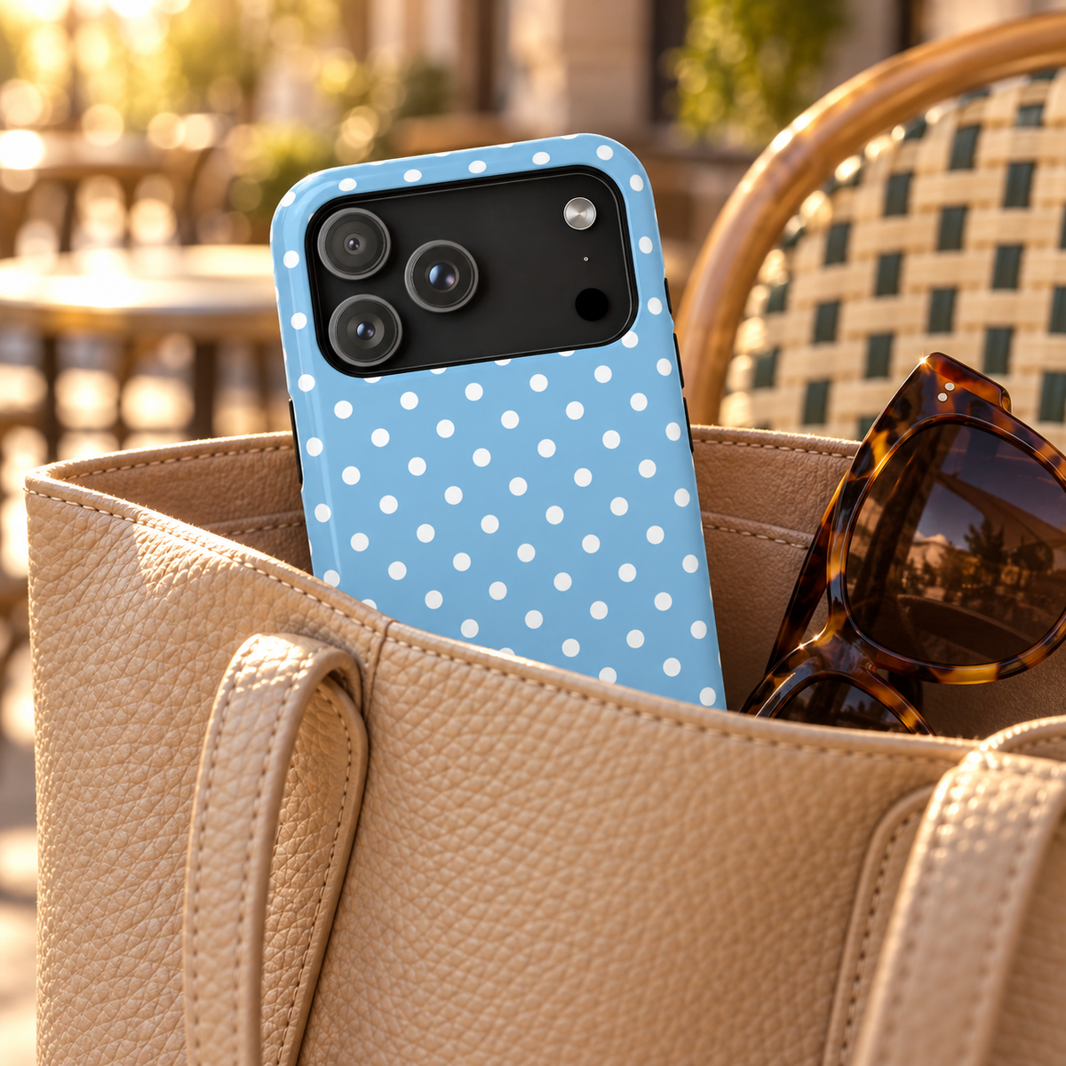 Baby Blue Polka Dot phone case with card holder, white polka dots on baby blue, lifestyle photo in a handbag