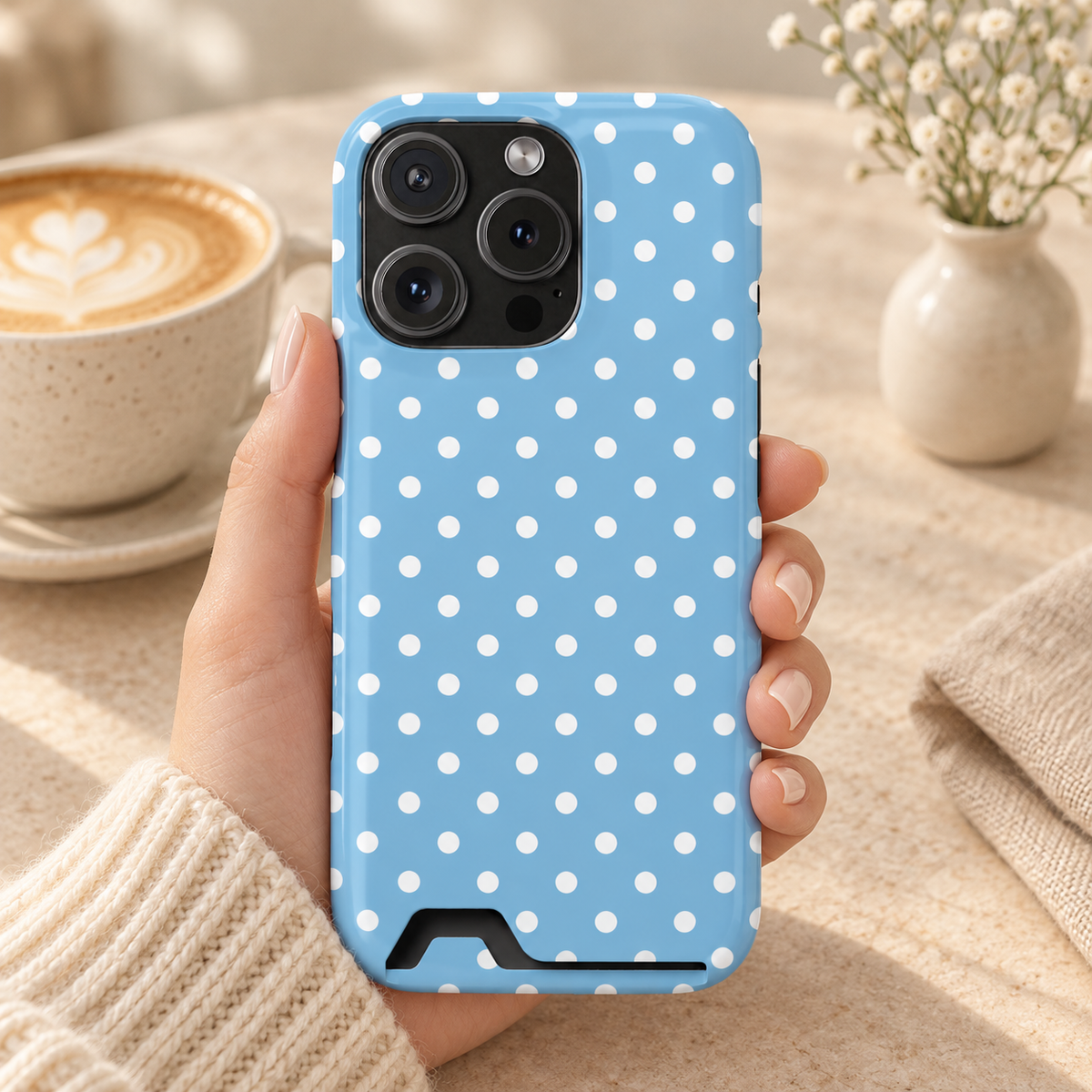 Baby Blue Polka Dot phone case with card holder, white polka dots on baby blue, lifestyle photo in hand with coffee