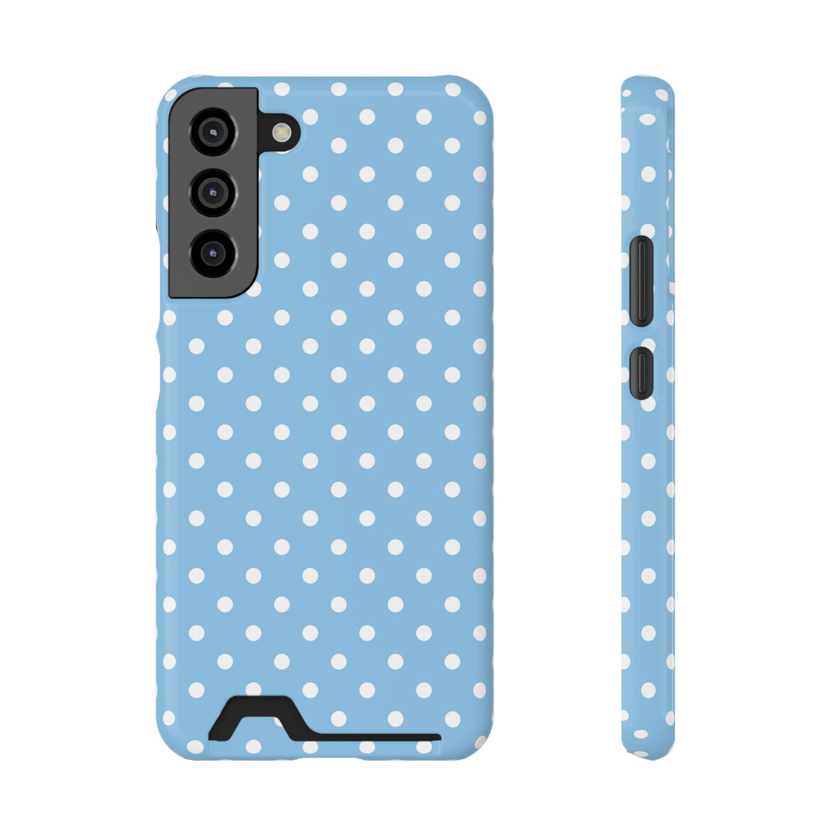 Baby Blue Polka Dot phone case with card holder, close-up of the card slot