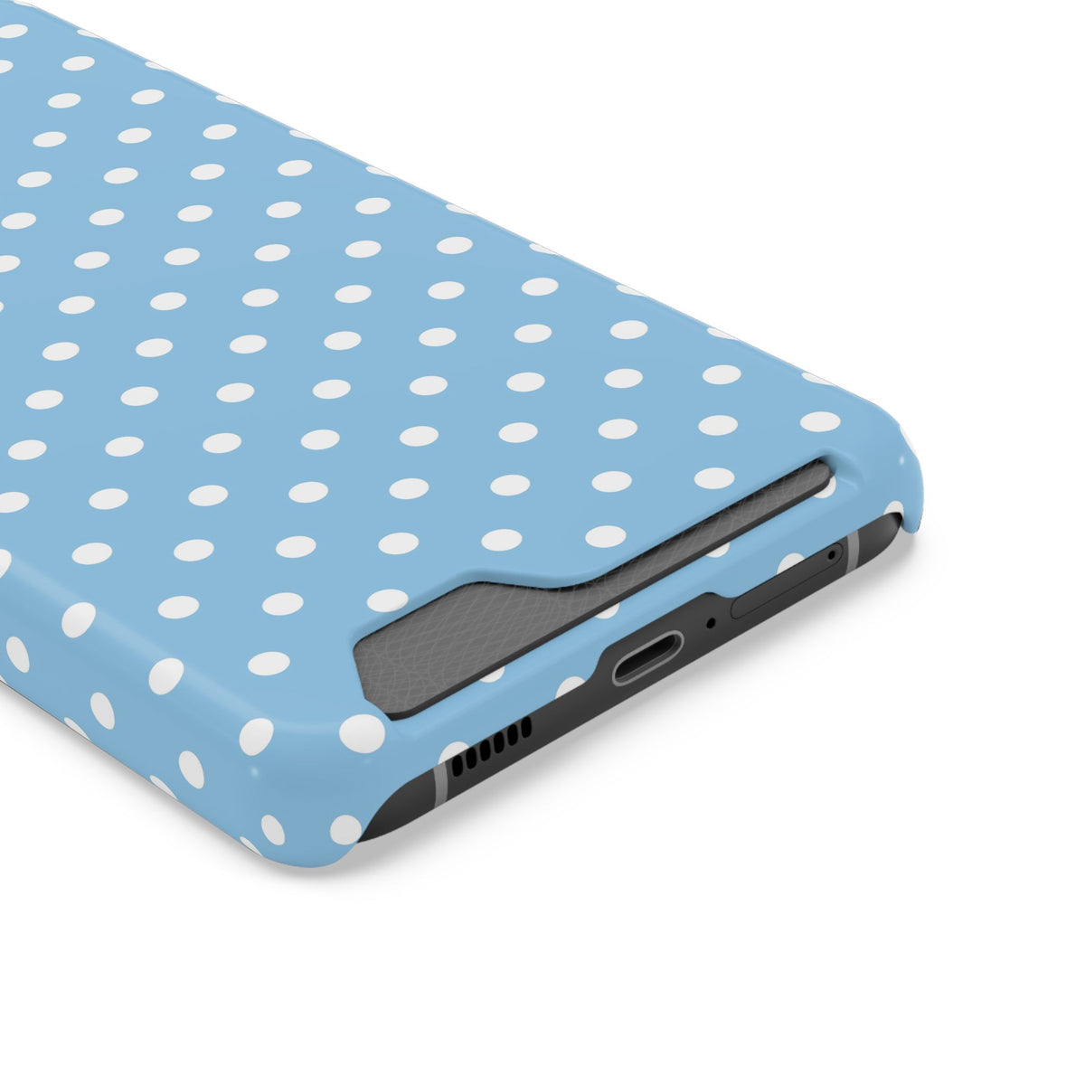 Baby Blue Polka Dot phone case with card holder, close-up of the inside