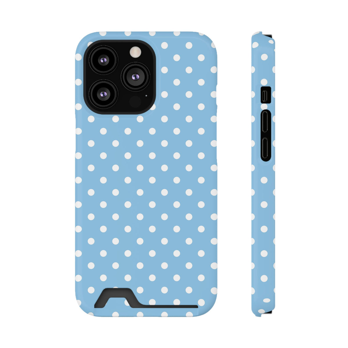 Baby Blue Polka Dot phone case with card holder for iPhone 13 Pro, glossy finish