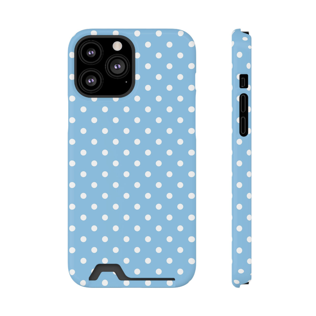 Baby Blue Polka Dot phone case with card holder for iPhone 13 Pro Max, glossy finish