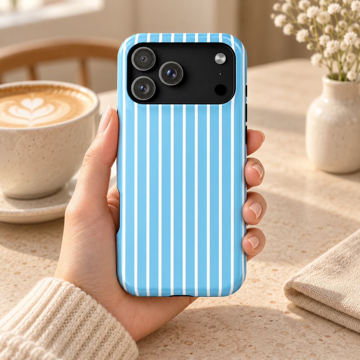 Baby Blue Stripe protective phone case, baby blue and white stripes, lifestyle photo in hand with coffee