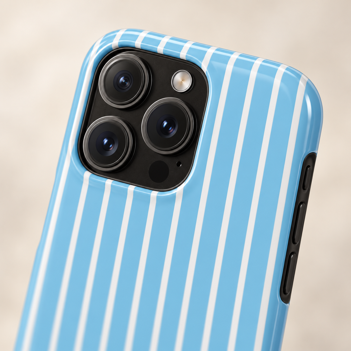 Baby Blue Stripe protective phone case, baby blue and white stripes, lifestyle close-up of the camera