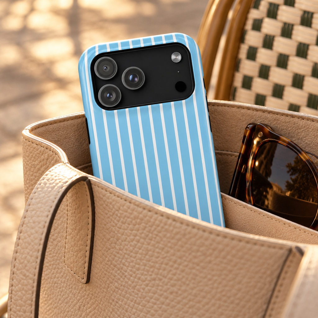 Baby Blue Stripe MagSafe case, baby blue and white stripes, lifestyle photo in a handbag
