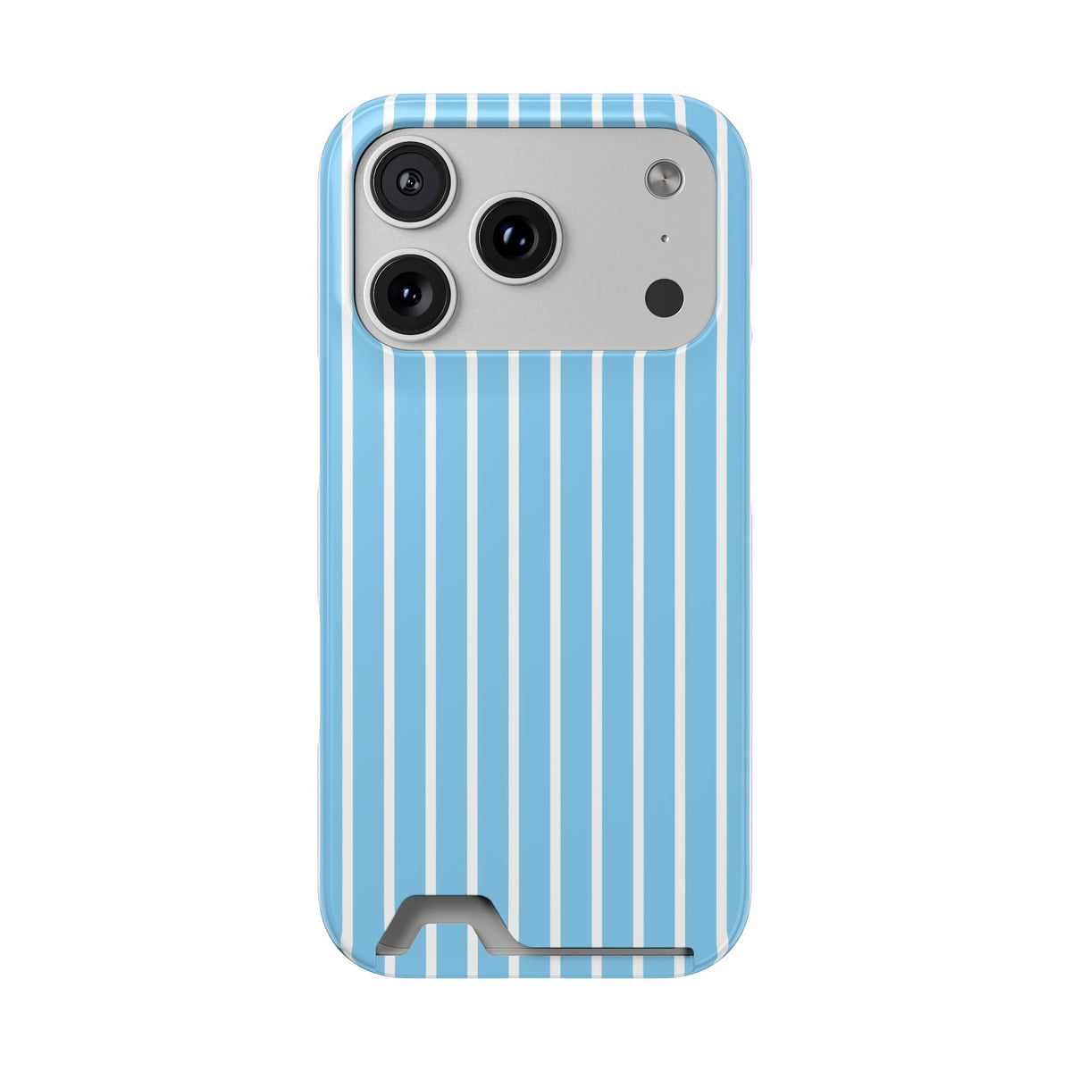Baby Blue Stripe phone case with card holder for iPhone 17 Pro, glossy finish