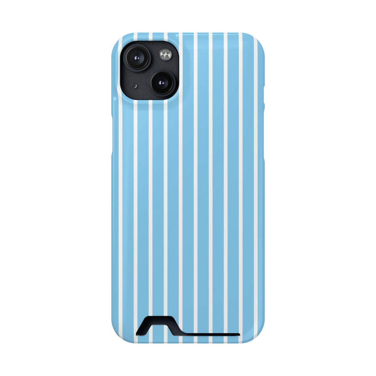 Baby Blue Stripe phone case with card holder for iPhone 14 Plus, glossy finish