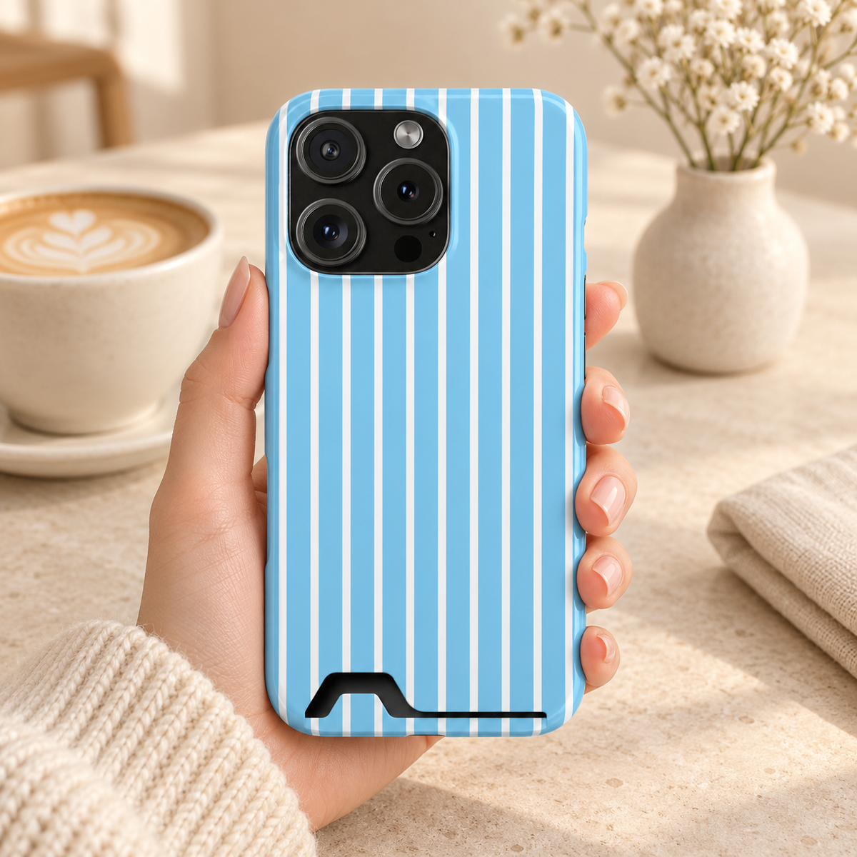 Baby Blue Stripe phone case with card holder, baby blue and white stripes, lifestyle photo in hand with coffee