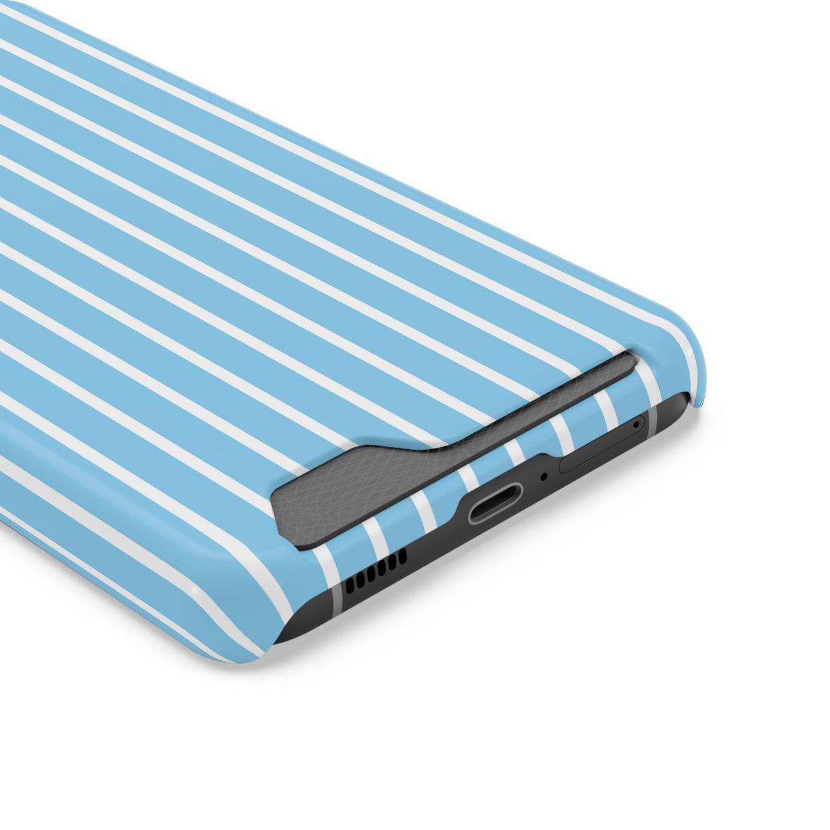 Baby Blue Stripe phone case with card holder, close-up of the card slot