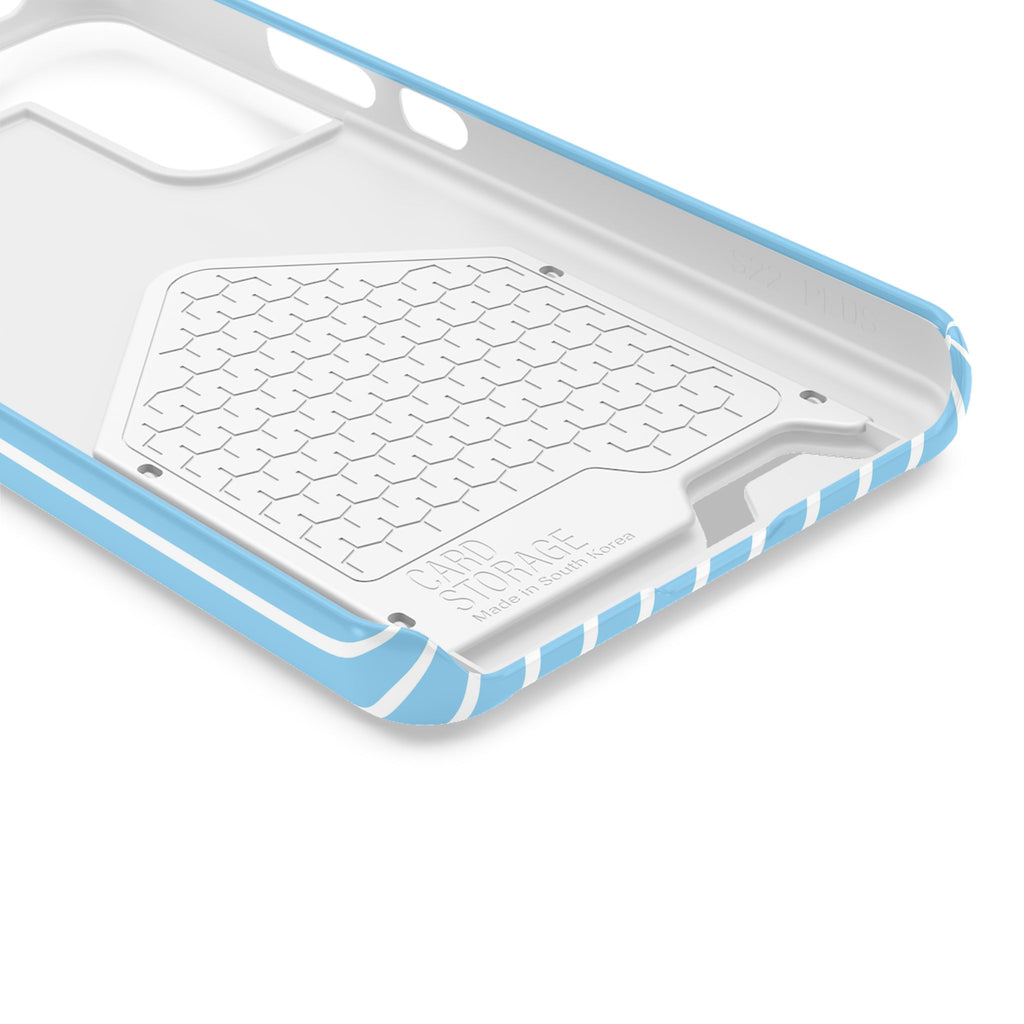 Baby Blue Stripe phone case with card holder, close-up of the inside