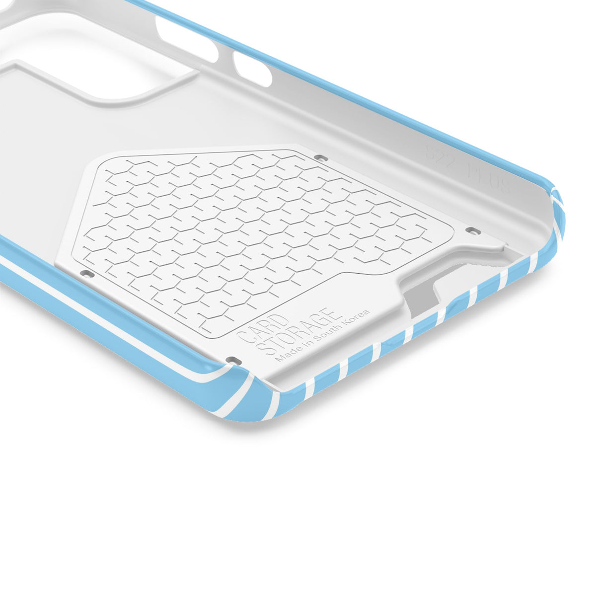 Baby Blue Stripe phone case with card holder, close-up of the inside