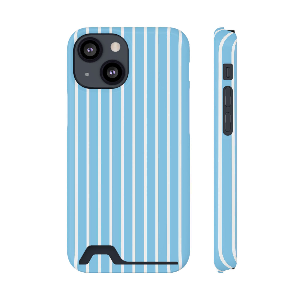 Baby Blue Stripe phone case with card holder for iPhone 13 Mini, glossy finish