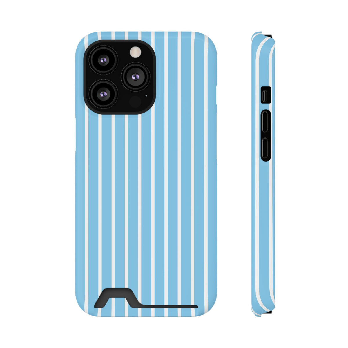 Baby Blue Stripe phone case with card holder for iPhone 13 Pro, glossy finish