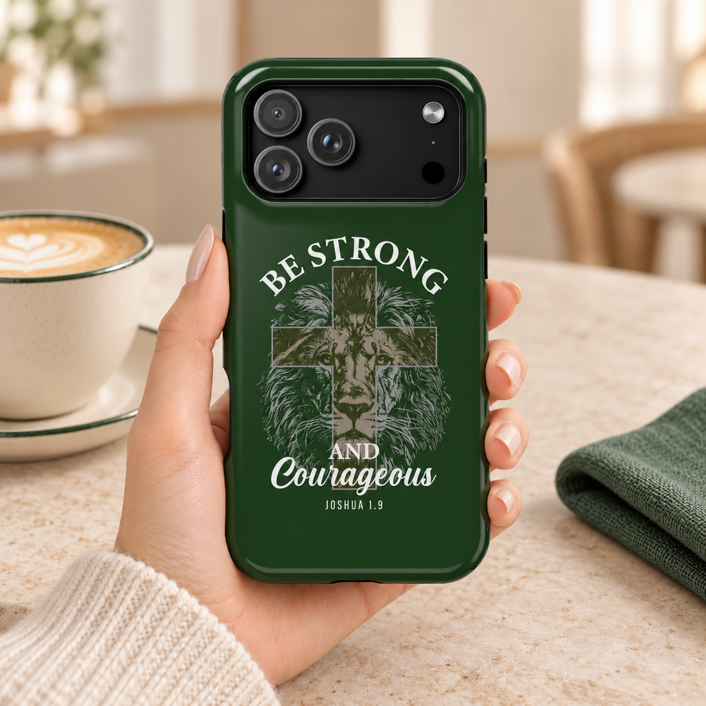Be Strong Lion protective phone case, a lion with Be Strong and Courageous lettering on forest green, lifestyle photo in hand with coffee