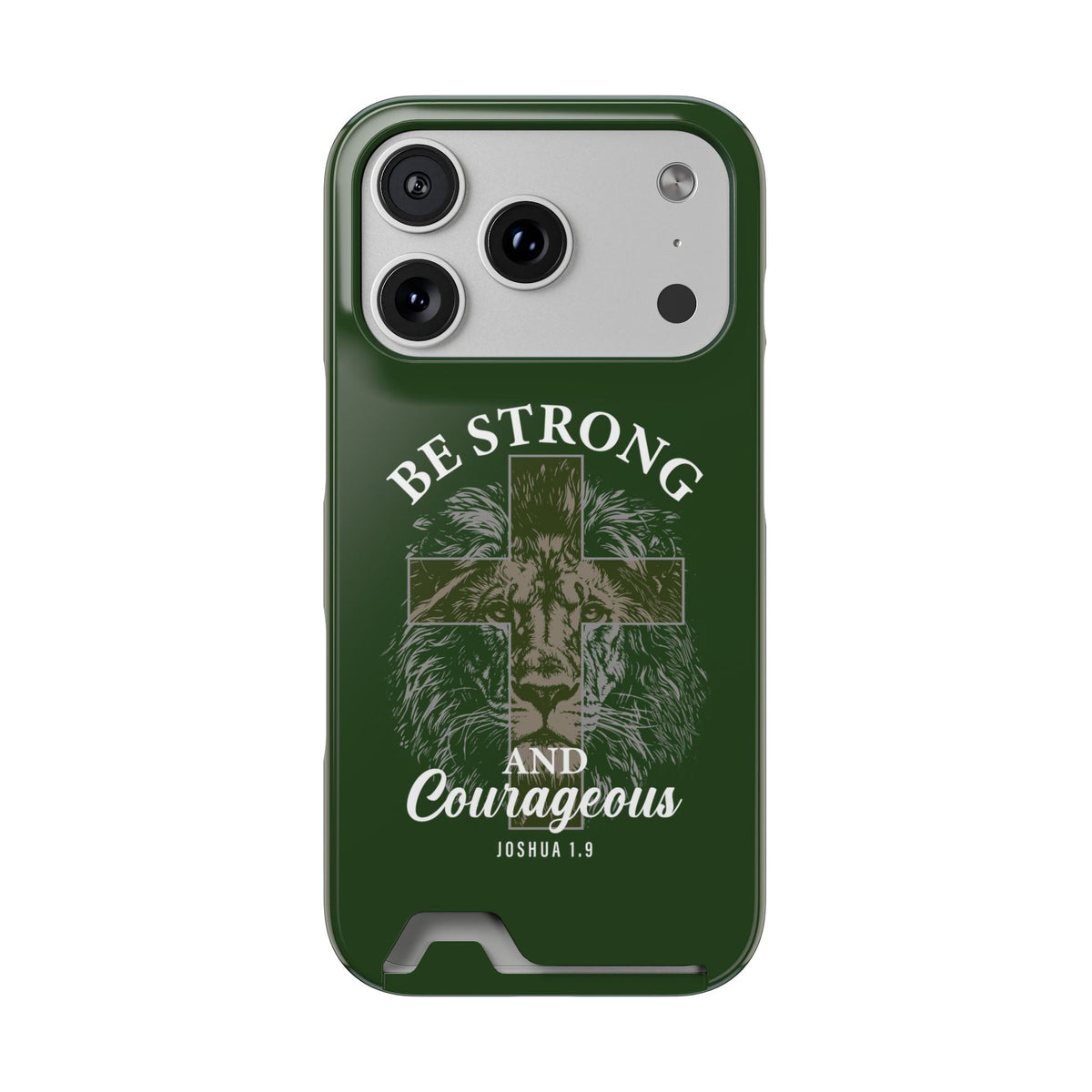 Be Strong Lion phone case with card holder for iPhone 17 Pro, glossy finish