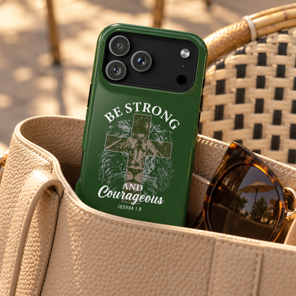 Be Strong Lion phone case with card holder, a lion with Be Strong and Courageous lettering on forest green, lifestyle photo in a handbag