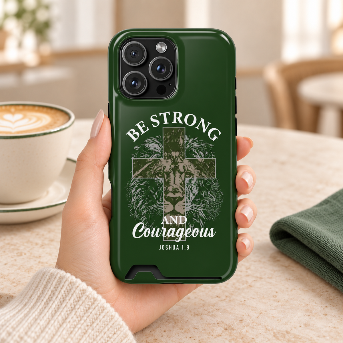 Be Strong Lion phone case with card holder, a lion with Be Strong and Courageous lettering on forest green, lifestyle photo in hand with coffee