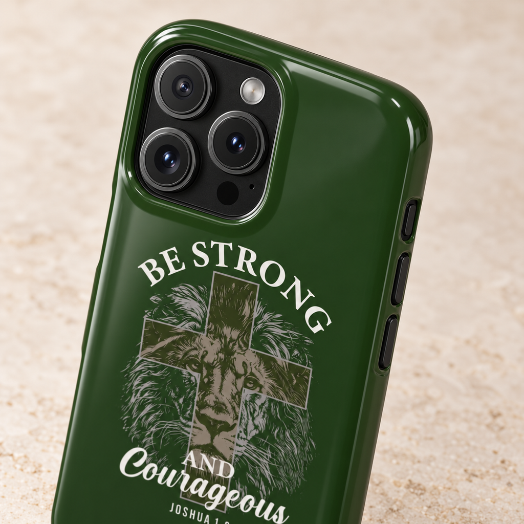Be Strong Lion phone case with card holder, a lion with Be Strong and Courageous lettering on forest green, lifestyle close-up of the camera