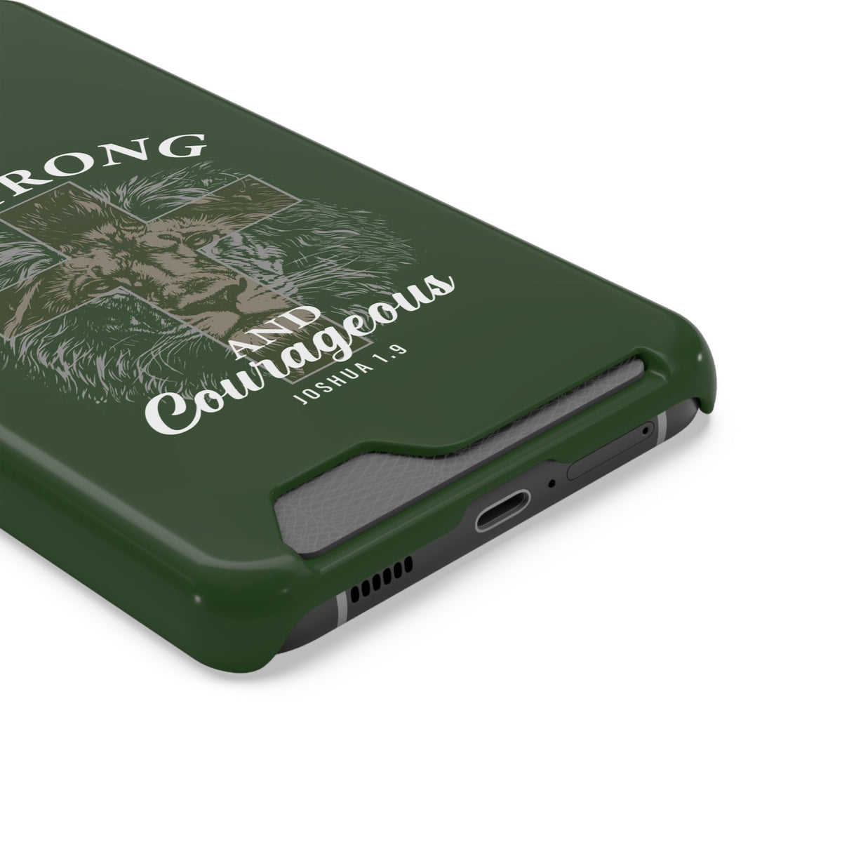 Be Strong Lion phone case with card holder, close-up of the card slot