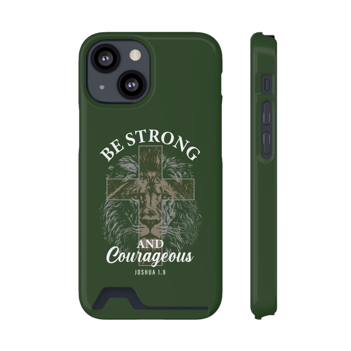 Be Strong Lion phone case with card holder for iPhone 13 Mini, glossy finish