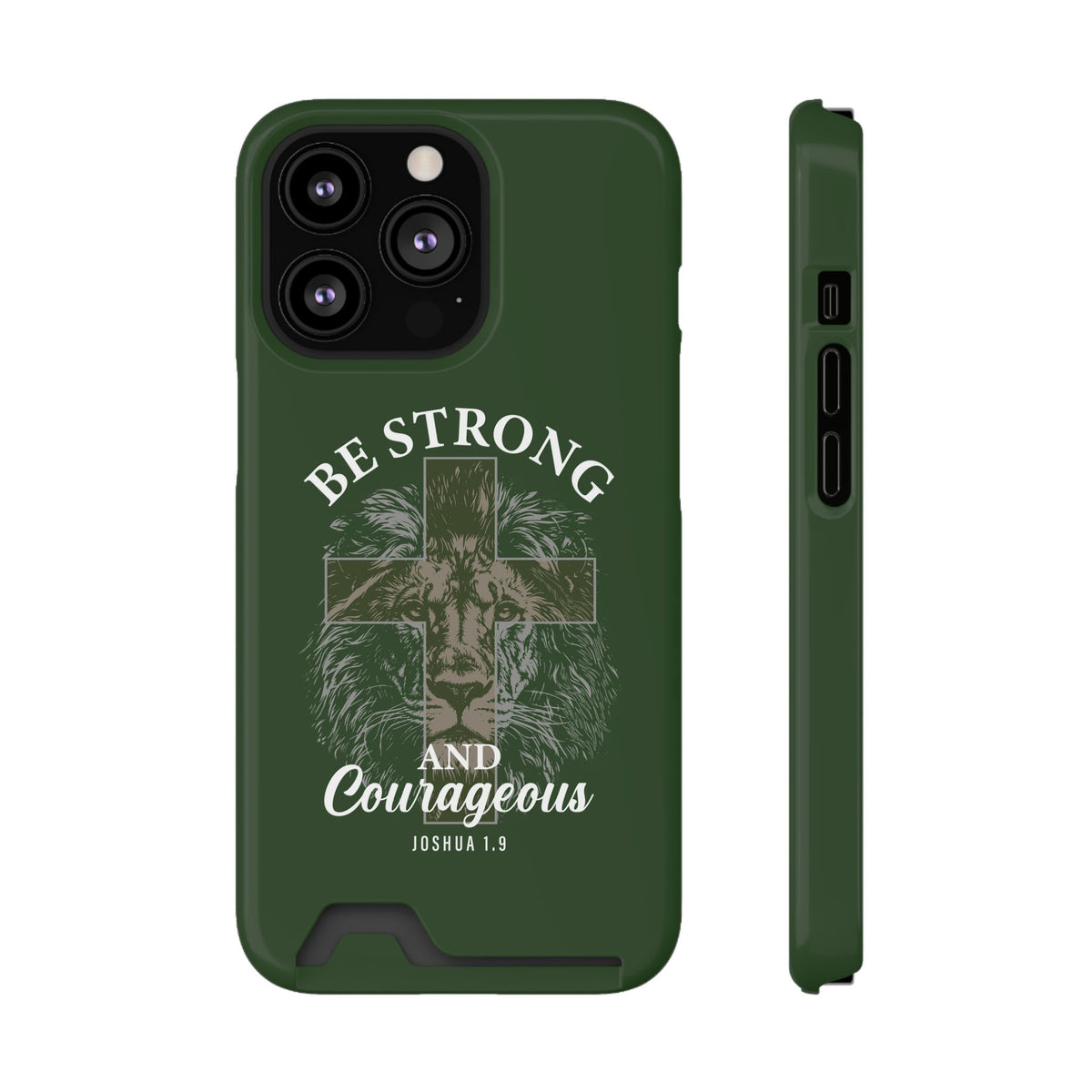 Be Strong Lion phone case with card holder for iPhone 13 Pro, glossy finish