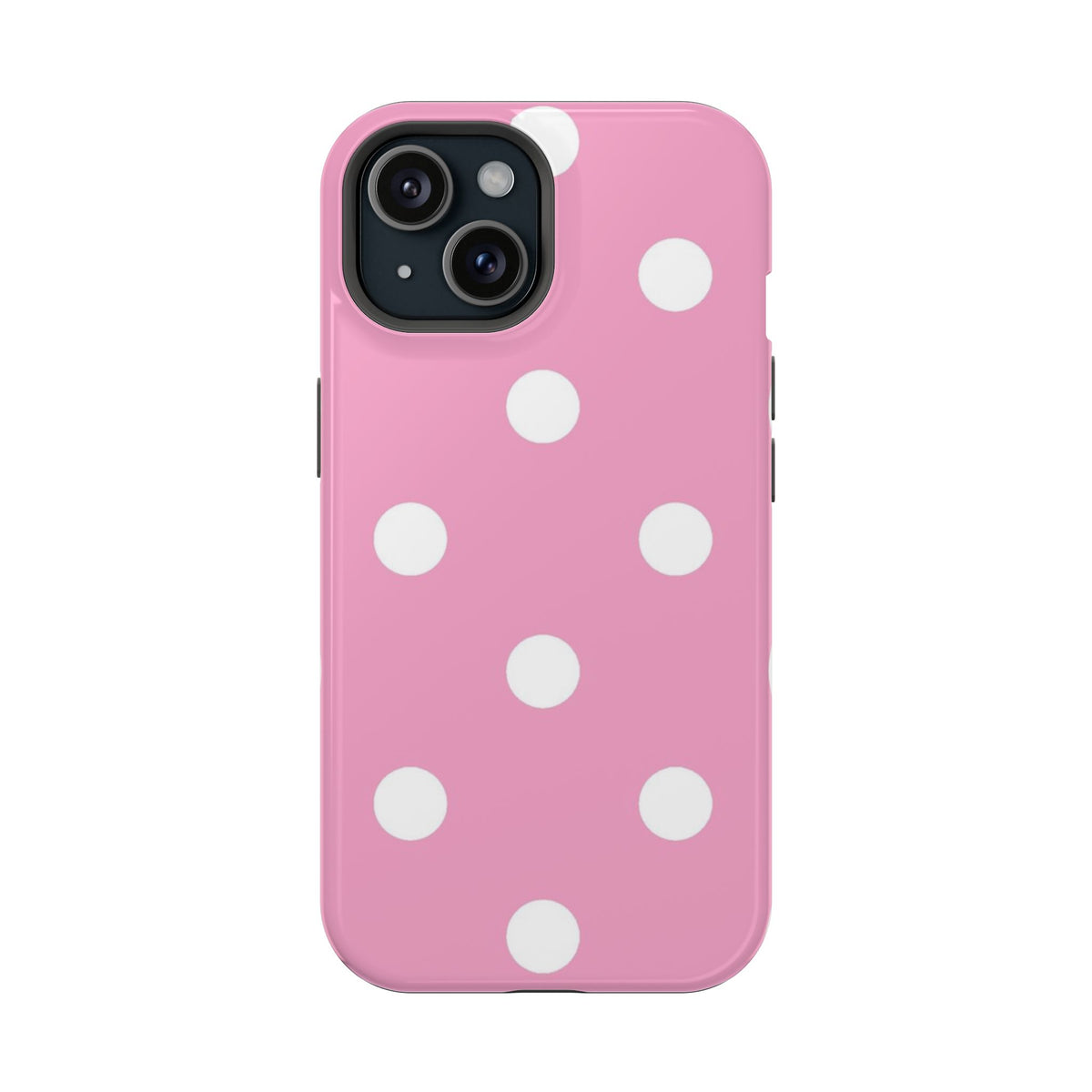 Big Pink Polka Dot protective phone case for iPhone 15, glossy finish