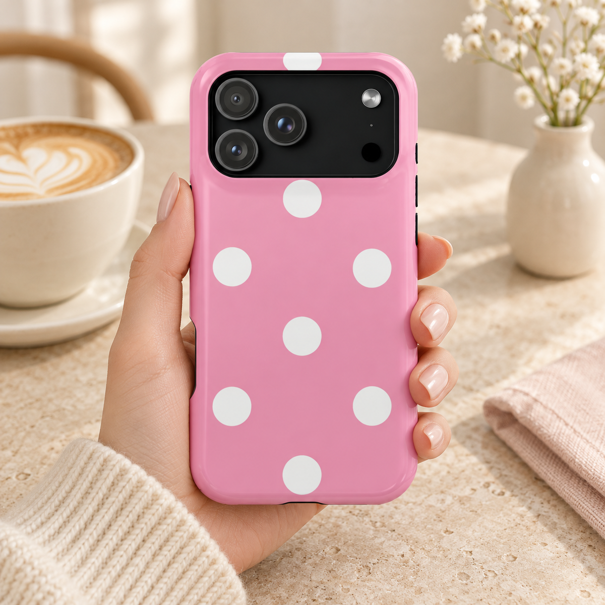 Big Pink Polka Dot protective phone case, big white polka dots on pink, lifestyle photo in hand with coffee
