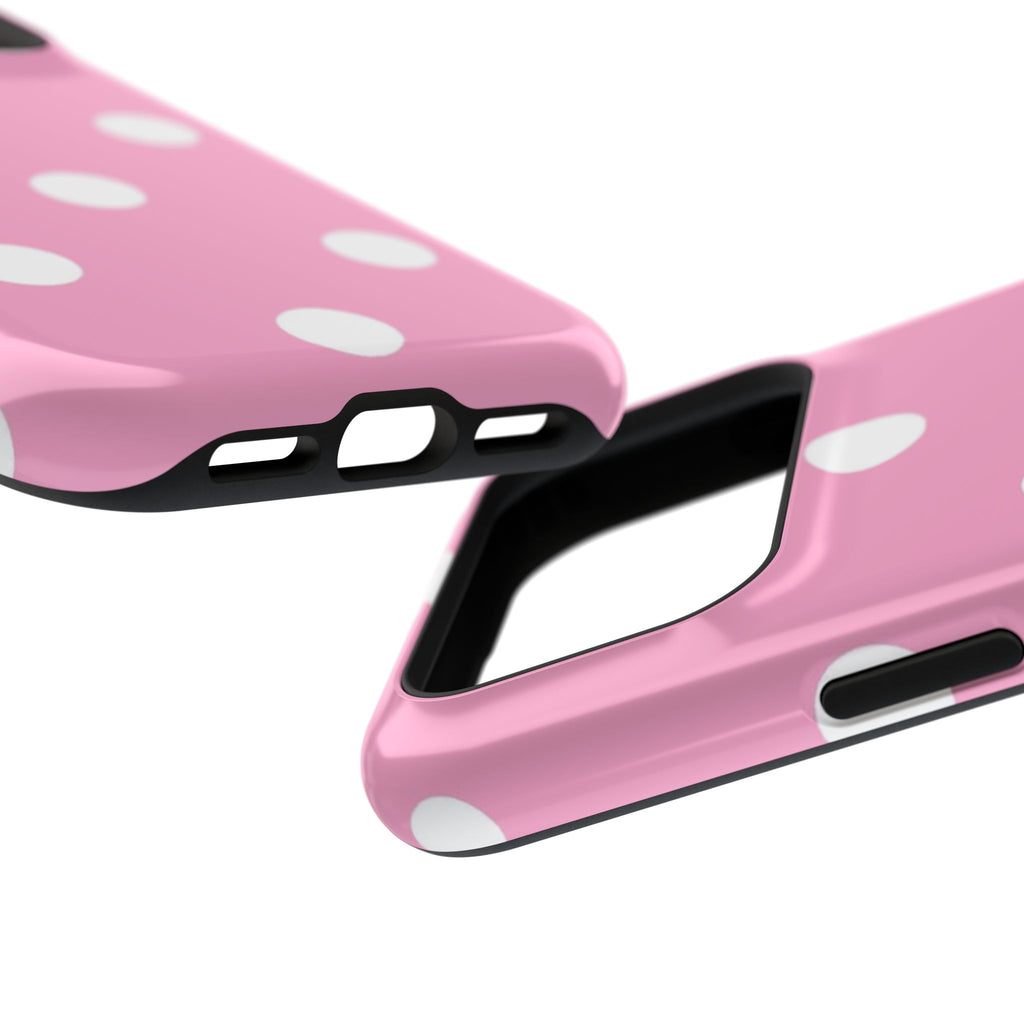 Big Pink Polka Dot protective phone case, close-up at an angle