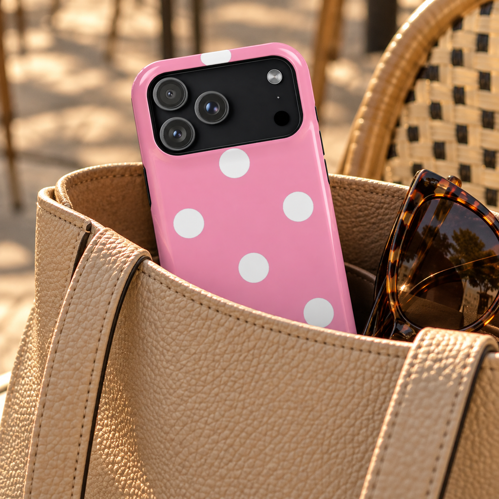 Big Pink Polka Dot MagSafe case, big white polka dots on pink, lifestyle photo in a handbag