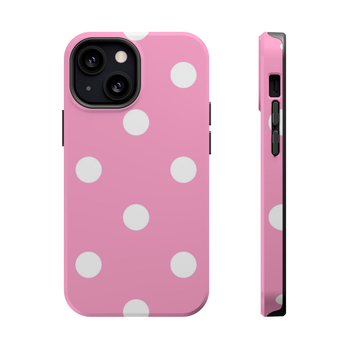 Big Pink Polka Dot MagSafe case for iPhone 13 Mini, glossy finish