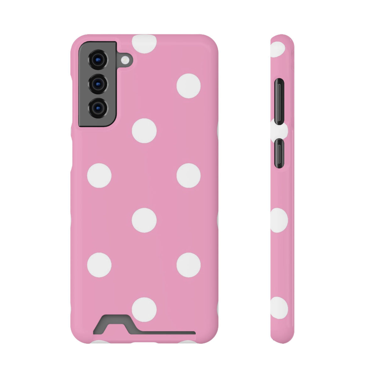 Big Pink Polka Dot phone case with card holder for Samsung Galaxy S21 Plus, glossy finish
