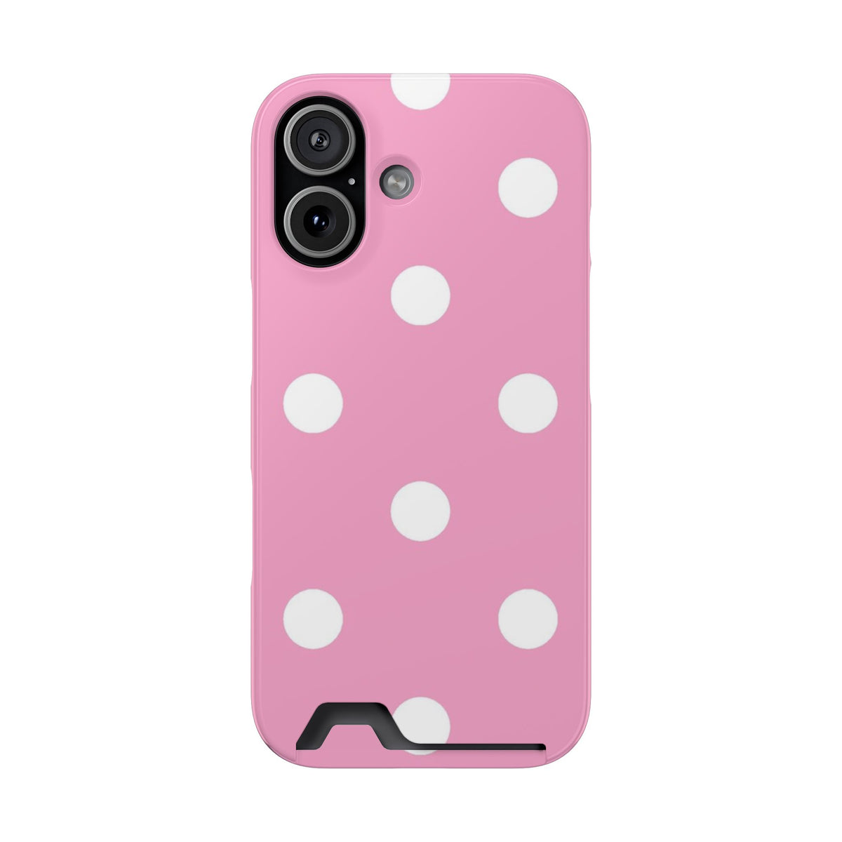 Big Pink Polka Dot phone case with card holder for iPhone 17, glossy finish