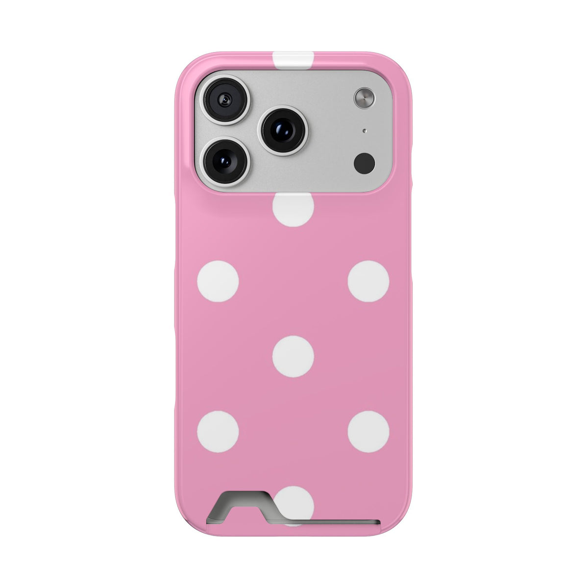 Big Pink Polka Dot phone case with card holder for iPhone 17 Pro, glossy finish