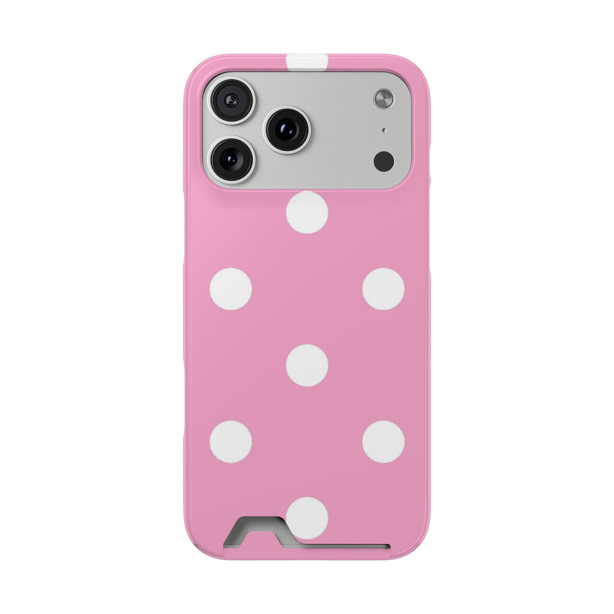 Big Pink Polka Dot phone case with card holder for iPhone 17 Pro Max, glossy finish